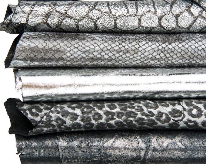 Set of 5 steelmetal, silver leather skins, assortment of METALLIC WRINKLED animal printed goatskins, as per picture B18316-MT(st)