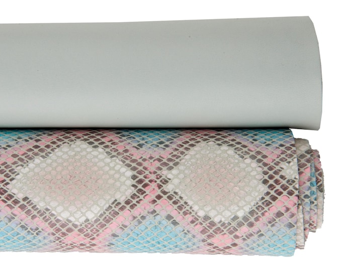 Pastel multicolor leather hide, light blue matte smooth calf leather skin and printed snake pattern pink blue B17524-ST La Garzarara