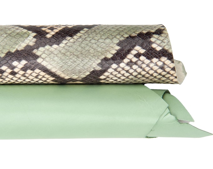 Mint green leather hide, python print leather skin, pastel smooth leather, reptile embossed effect, fashion materialB18297-ST La Garzarara
