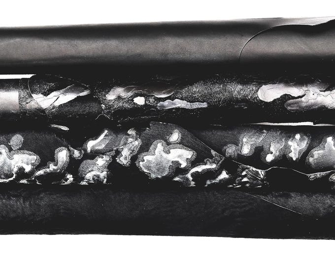 BLACK leather hides pony hair spotted white, black leather skin camouflage effect, smooth matte leather hide. bundles of 4 skins B16616-CV