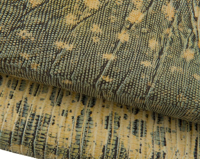 TEJUS printed leather hide, beige - black EMBOSSED snake leather, reptile pattern on matt cowhide B19096-ST La Garzarara