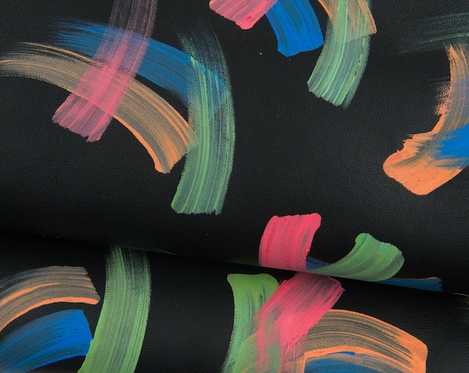 PAINTED Black leather skin, black goatskin colorful abstract Print, soft multicolor hide for hobbyists B19040-DM La Garzarara