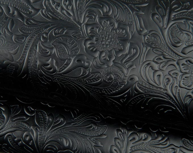 Black floral embossed leather cowhide, CHARRO flower print, RELIEF texture on calfskin, 0.9 - 1.1   mm B18693-TB La Garzarara
