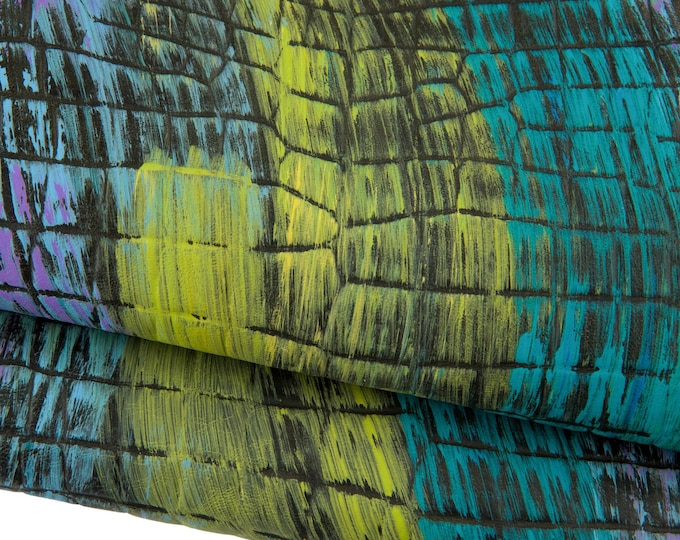 Brush Stroke CROCODILE leather shide, multicolor painted texture on black leather skin, soft embossed material  B19039-DM La Garzarara