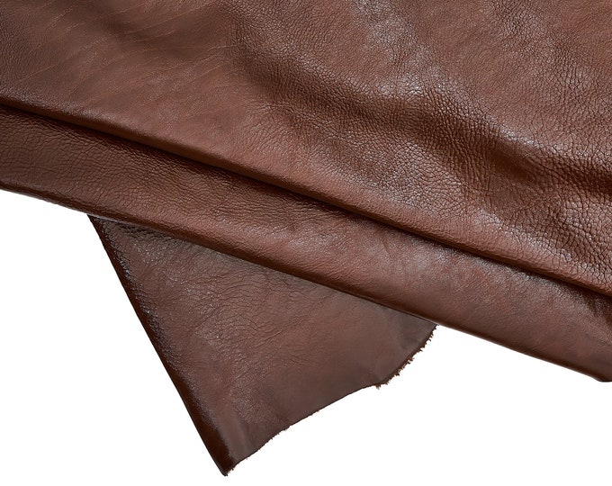 Soft chocolate brown glossy cowhide leather SKIN hide, patent effect wrinkled calf leather 1.2–1.4 mm for bags and accessories, B16500-TU