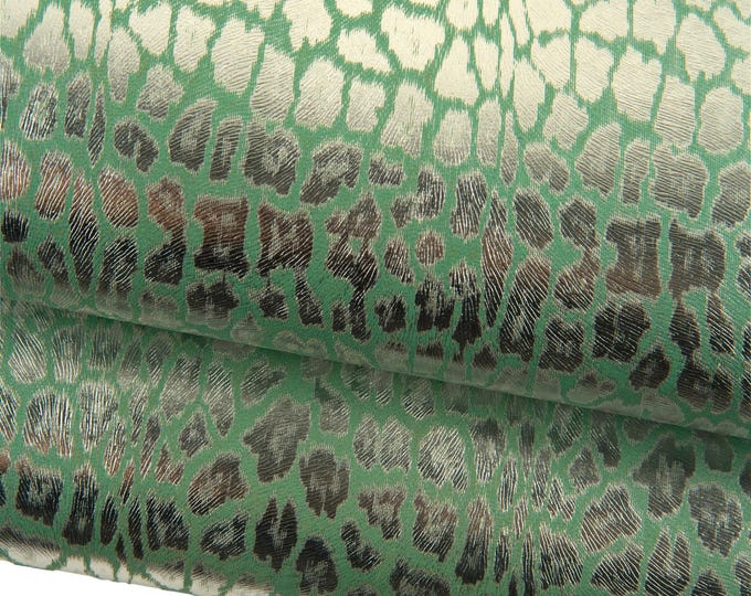 LEOPARD printed leather skin, silver METALLIC cheetah texture on green goatskin - soft bright skin for hobbyists B19265-MT(st) La Garzarara