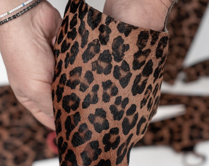 HAIRY calf printed leather scraps, brown colors, LEOPARD printed, minimum measure 4x2 inches / 10x5 cm   1 lbs (500 gr)   La Garzarara