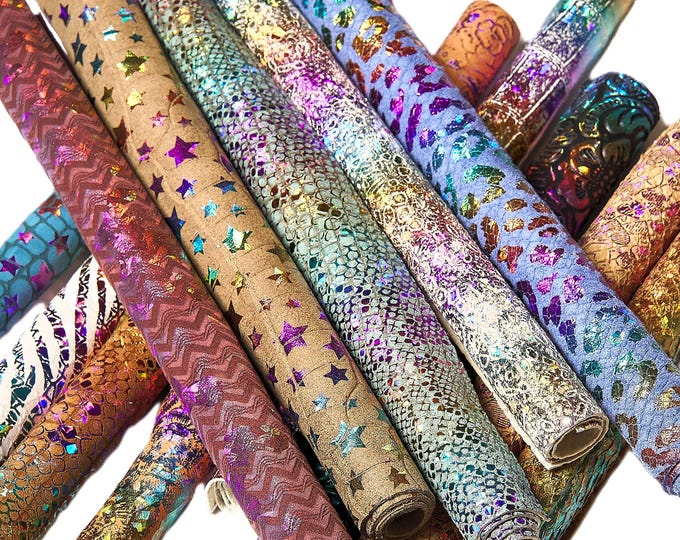 HOLOGRAPHIC Leather Scraps in Assorted Colors, 10 random various prints and tones 6x5"/15x12 cm and 10x8"/25x20 cm      RT302 La Garzarara