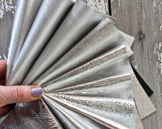 Silver Leather Scraps Metallic Smooth Solid Tone Mixed Textures Grain Soft and Thick Random Leather Offcuts Assorted 0.7 lbs 300 gr   B1507