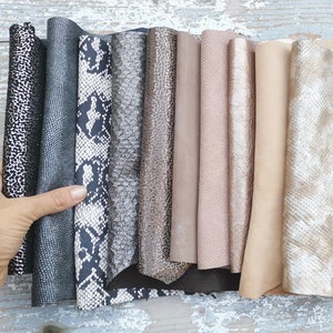 10 Ritagli di pellami unici selezionati, ACCIAIO BEIGE platino, pezzi di pelle assortimento mix di fantasie come da foto  RT57  La Garzarara