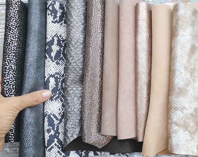 10 Selected leather scraps, STEELMETAL, BEIGE, light gold tones, mix colorful selection leather remnants as per pictures  RT57 La Garzarara