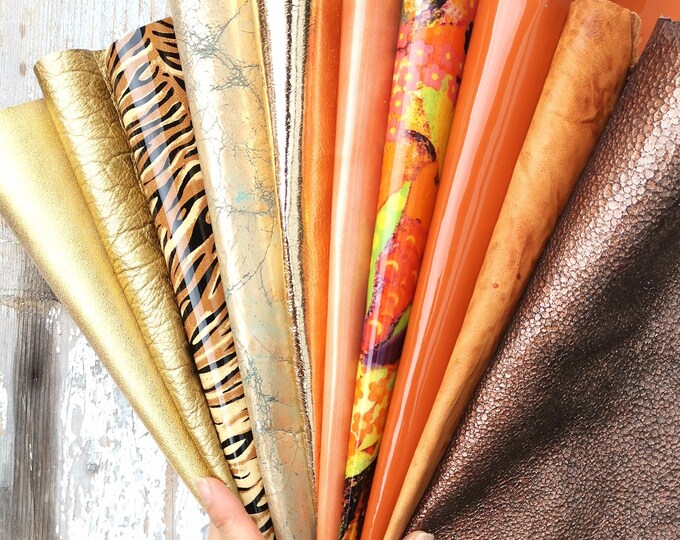 10 Selected leather scraps, GOLD, TAN,  and other tones, mix colorful selection leather remnants as per pictures  RT55 La Garzarara