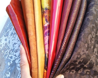 10 Selected leather scraps, YELLOW, ORANGE and RED tones, mix colorful selection leather remnants as per pictures  RT53 La Garzarara