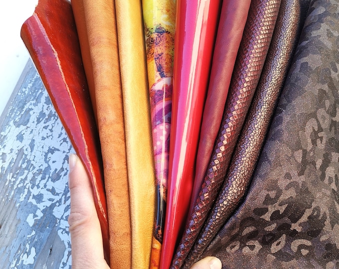 10 Selected leather scraps, YELLOW, ORANGE and RED tones, mix colorful selection leather remnants as per pictures  RT53 La Garzarara