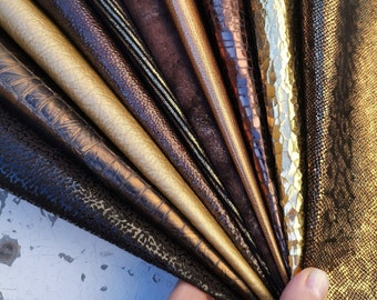 10 Selected leather scraps, GOLD and DARK BROWN tones, mix colorful selection leather remnants as per pictures  RT56 La Garzarara