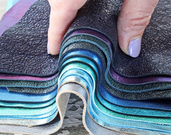 BLU TURCHOISE metallic leather scraps, smooth,SOLID tone, grain, thicknesses, softness various, random assortment  0,7 lbs / 300 gr    B1513
