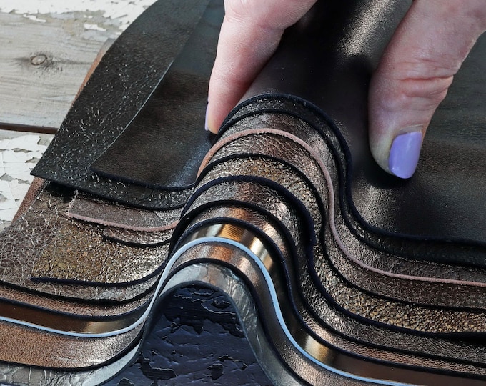 Steel Grey Black Leather Offcuts Random Metallic and Smooth Assorted Pieces Mixed Textures Soft and Firm Grains 0.7 lbs 300 gr B1515