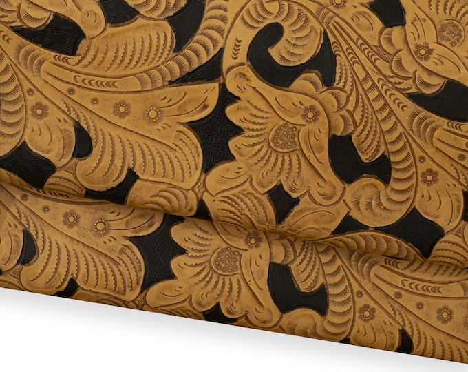 Western floral embossed leather hide, tooled cowboy style brown black skin, tooling leather for belts bags craftB18742-ST La Garzarara