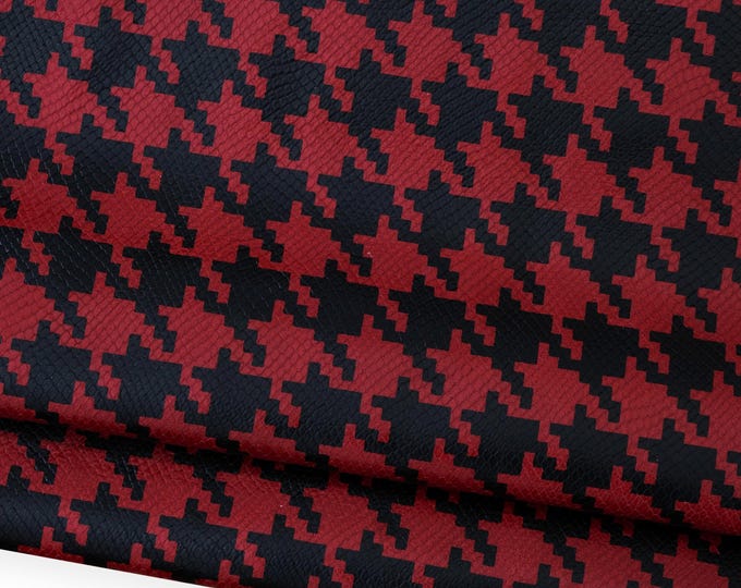 PIES de POULE printed leather hide, red -black pattern on soft reptile calfskin, glossy cowhide for hobbyists B18737-ST La Garzarara