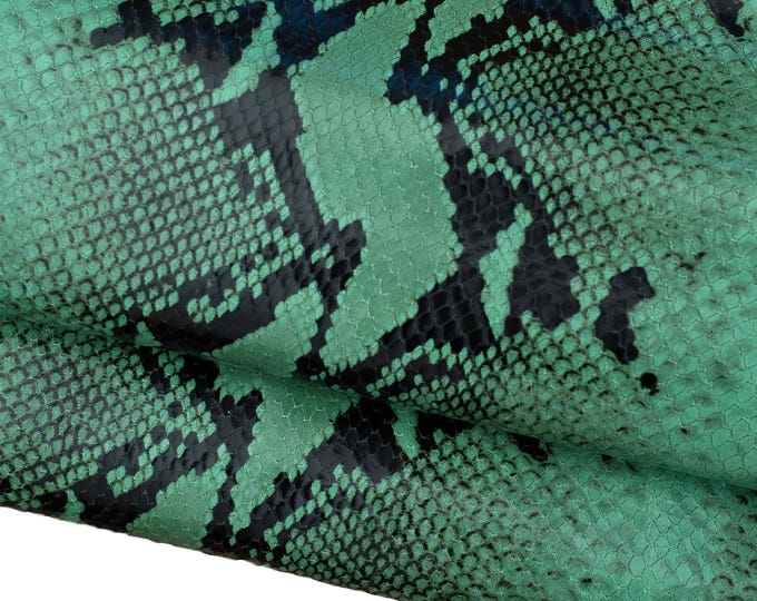 GREEN - black PYTHON textured leather hide, glossy reptile printed cowhide, snake pattern on soft calfskin B18567-ST La Garzarara