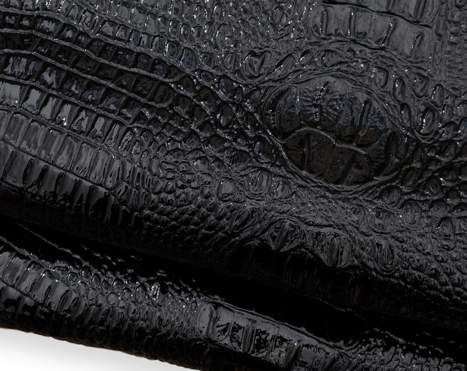 Black CROCODILE embossed PATENT cowhide, glossy alligator printed leather - with or without pearl - for hobbyists B18690-TB La Garzarara