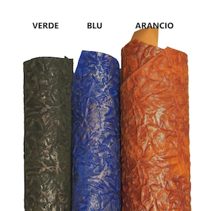 Pelle SPORTIVA arancione verde blu, vitello scamosciato stampa simil CORTECCIA, pellame crosta vintage metallizzato B16866-VT La Garzarara