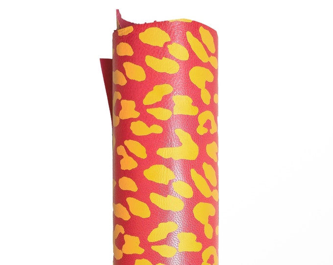 Bright COLORED leopard textured goatskin, yellow CHEETAH pattern on red leather hide, animal textured skin for hobbyists B17181-ST