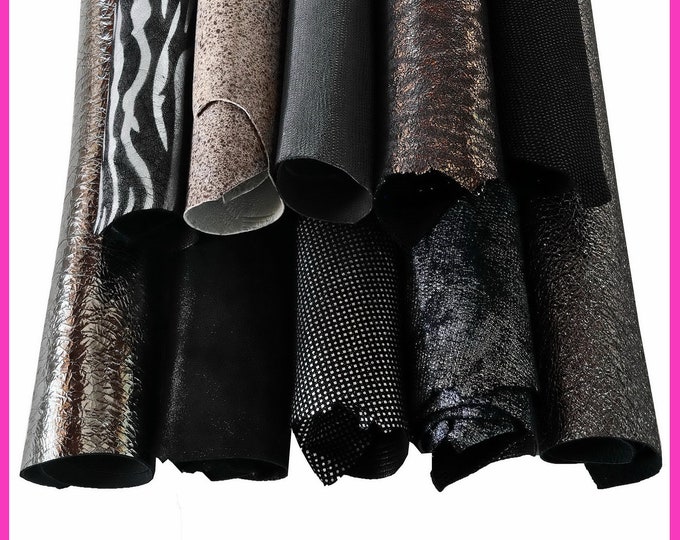 BOUNDLE of 10 random grey steelmetal black top quality leather skins, goatskins big deal, assortment of unique metallic skins B16230-MT(ST)
