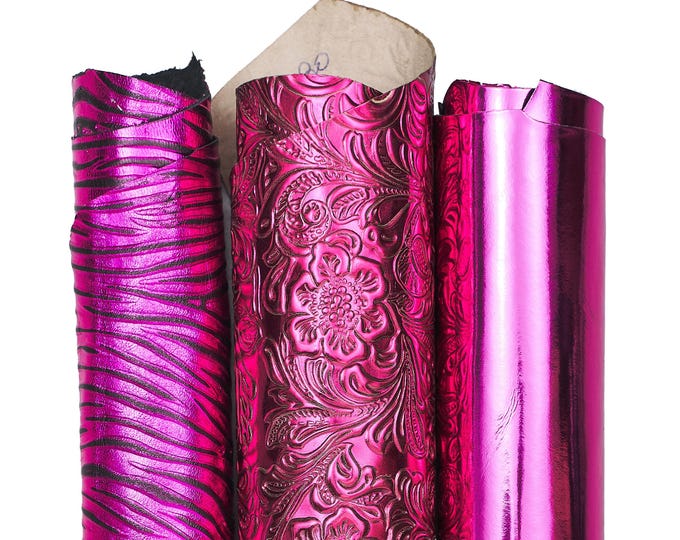 Set of 3 fuchsia, metallic leather skins, FLORAL / ZEBRA printed goatskin hides, as per pictures B18363-MT(st)   La Garzarara