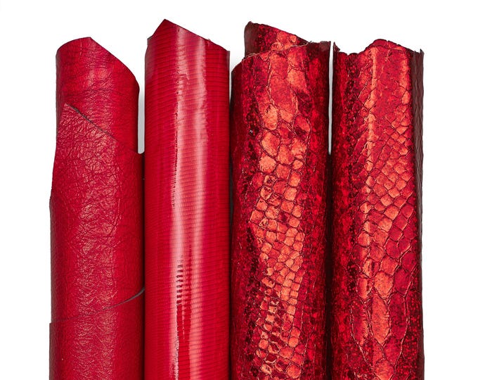 Bundle of 4 matching skins, red tone, metallic goatskin and sheepskin, HOLOGRAPHIC, PYTHON and lizard print B18355-MT(st)   La Garzarara