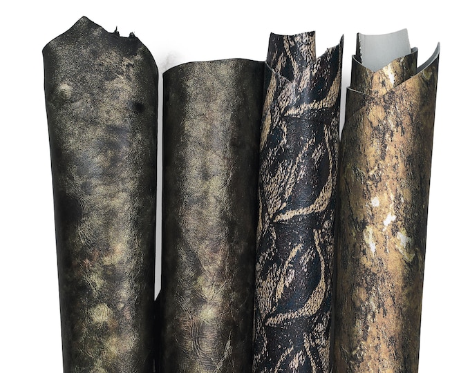Assortment of 4 metallic printed green and blue leather hides matching goatskin hides for hobbyists B18361-MT(ST)   La Garzarara