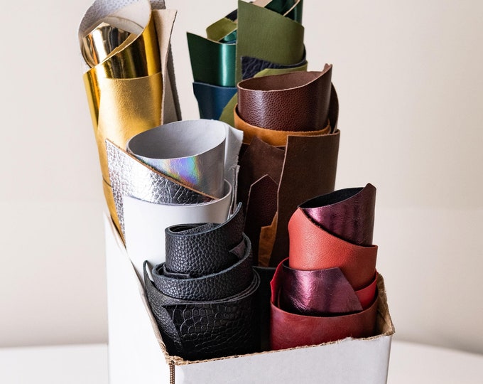 Genuine Leather 30 Scraps Bundle, Assorted 6 Colors Mix, Solid and Printed Pieces, 8x10"-25x20 cm for Crafting, Sewing, Leatherwork