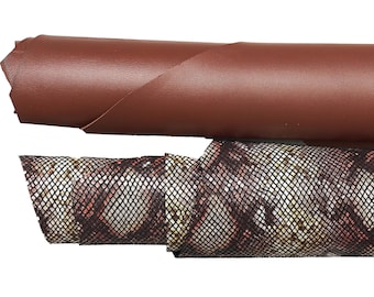 Brown PYTHON leather hide smooth and reptile embossed, warm cognac snake pattern textured skin full hides set B17168-ST La Garzarara