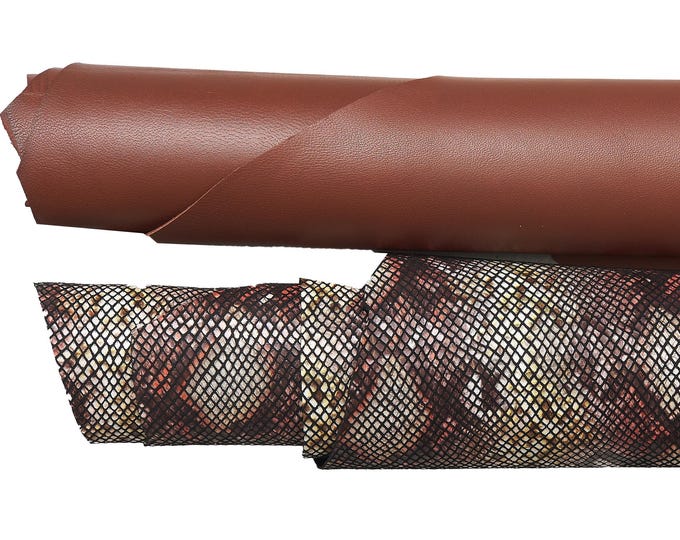 Brown PYTHON leather hide smooth and reptile embossed, warm cognac snake pattern textured skin full hides set B17168-ST La Garzarara