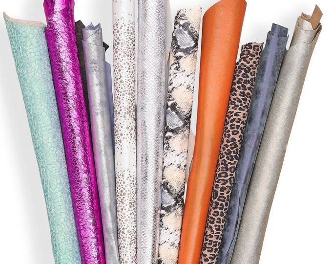 5 or 10 printed metallic laminated leather hide skin random mix, reptile snake textured leatherB152  La Garzarara