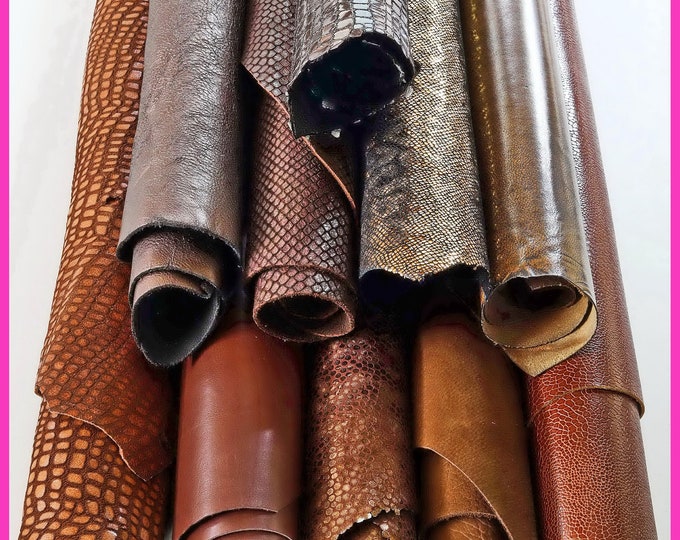 Medium brown fancy leather hides, stock of 10 printed smooth metallic skins, random selection B14839-ST La Garzarara