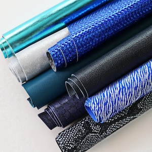 Blue leather SCRAPS, random mixed remnants skins and offcuts hides , solid colors and patterns in light and dark blue tones 0.5 kg B1320-RC