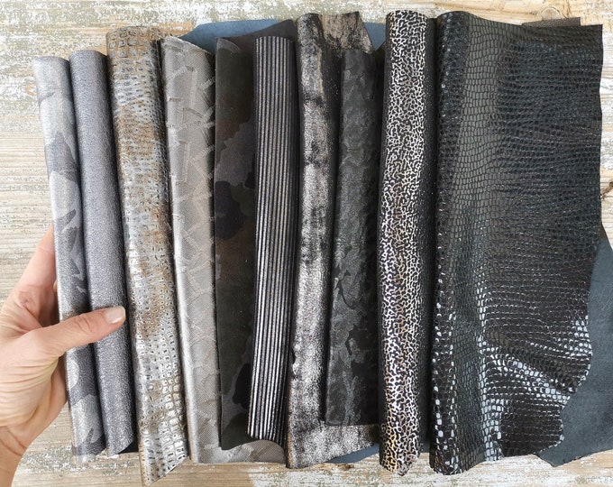 10 Selected leather scraps, silver, STEELMETAL, grey, BLACK tones, mix colorful selection leather remnants as per picture RT132 La Garzarara
