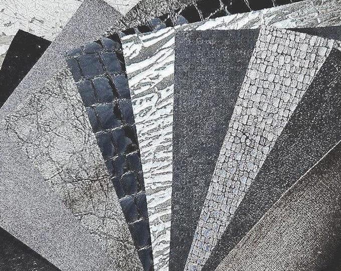 10 textured LEATHER scraps with special effects, decorative grain and printed finishes, designer mix in dark tones as shown RT204  Garzarara
