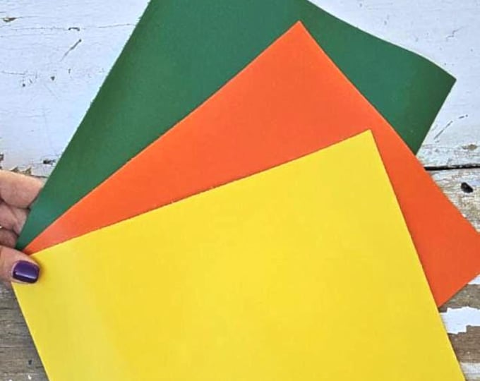 Orange yellow green CALF LEATHER panels – 3 10×8 inch A5 sheets scrap offcuts cowhide pieces swatches for craft sewing RT285 La Garzarara