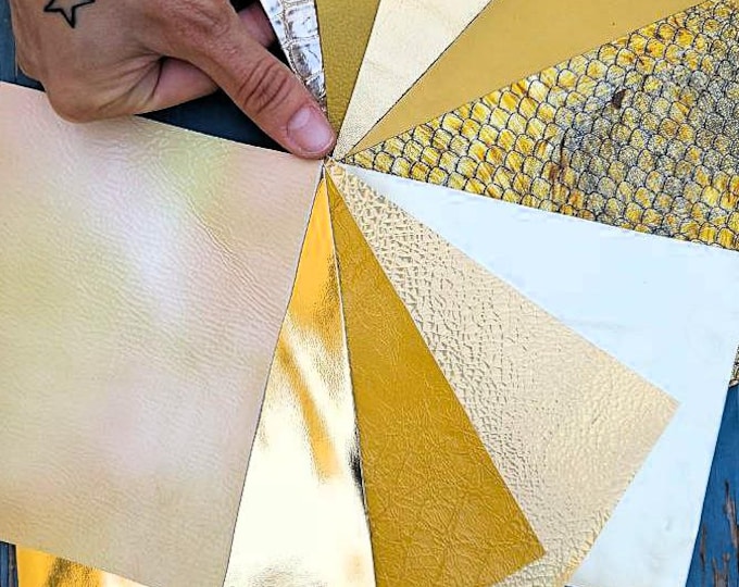 10 GOLD scraps LEATHER , metallic and laminated finishes, textured printed leather, exact pieces shown RT329 La Garzarara