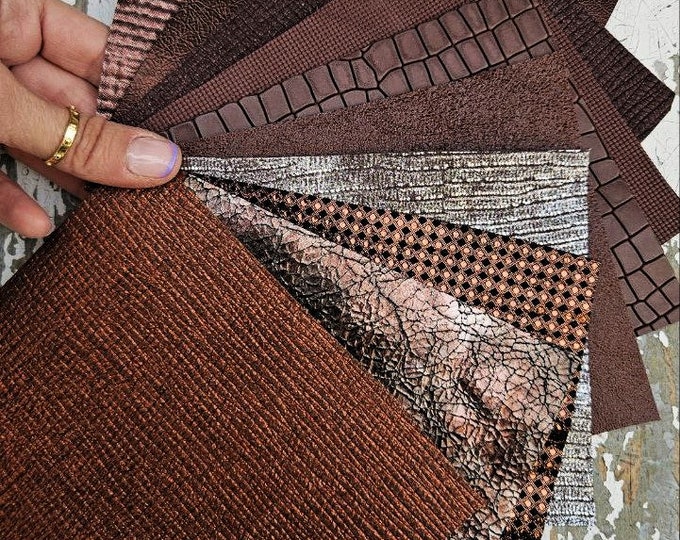 10 LEATHER scraps in brown and tan tones, textured and decorative printed finishes, exact pieces shown RT215 La Garzarara