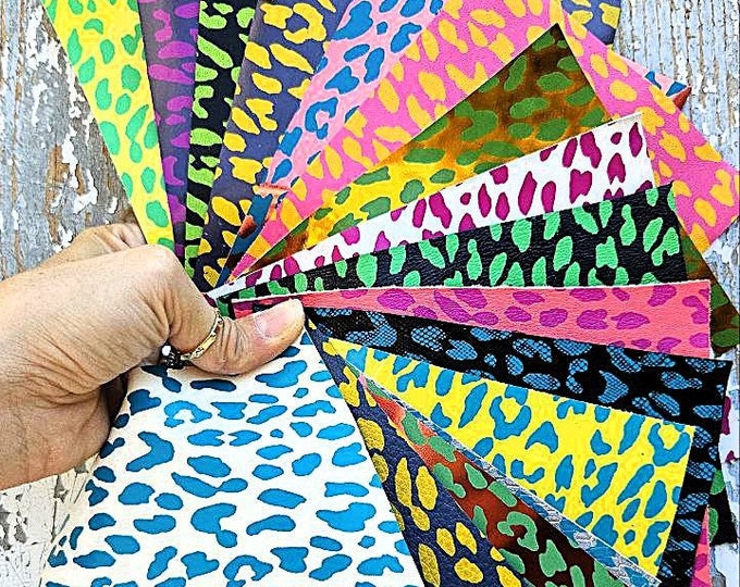 LEOPARD leather pieces, bright colors, random assortment, 10 printed leopard pieces, colors from the pictures    RT220  La Garzarara