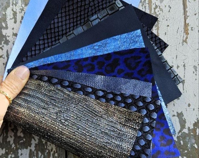 10 selected BLUE LEATHER scraps, printed and textured leather pieces, mixed patterns exactly as shown in photos RT201 La Garzarara