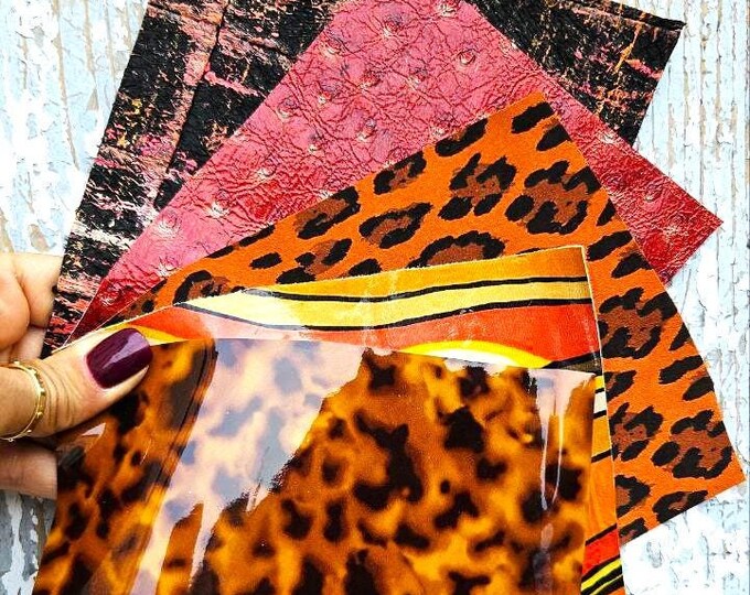 5 Selected leather scraps, RED and ORANGE tones, printed and metalic printed, mix selection leather remnants as per pictures RT226