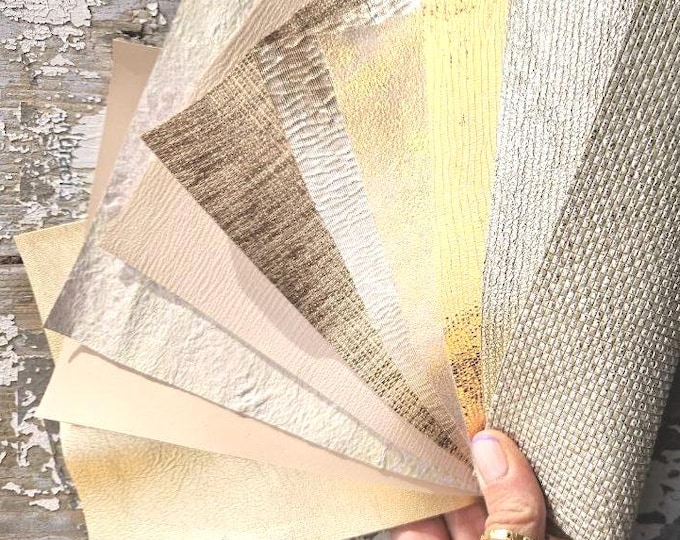 Golden leather scraps, GOLD, PLATINUM and CREAM tones, printed and foils various, mix selection leather remnants as per pictures RT214