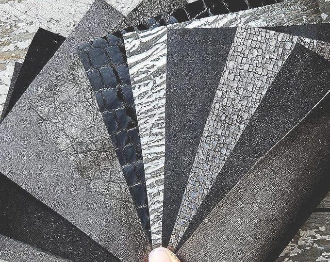 Leather Scraps in Black & Anthracite, Mixed Prints and Textures, 10 Assorted Remnants RT204 La Garzarara