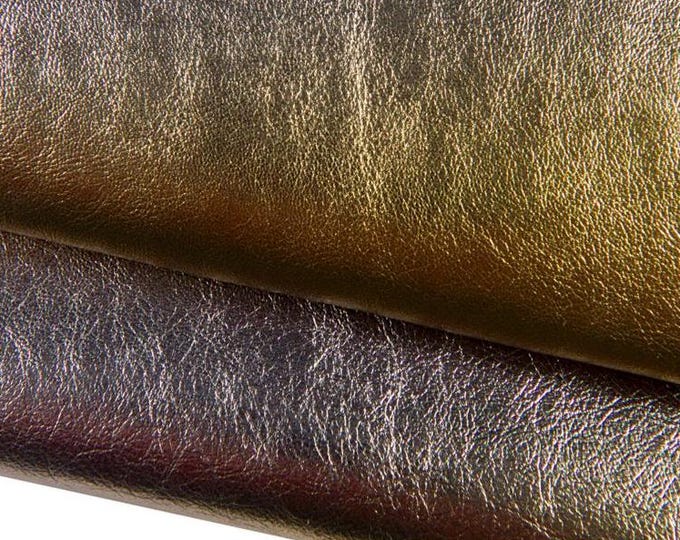Color-shifting goatskin leather hide, shiny iridescent finish with gold pink purple reflections B16954-MT La Garzarara