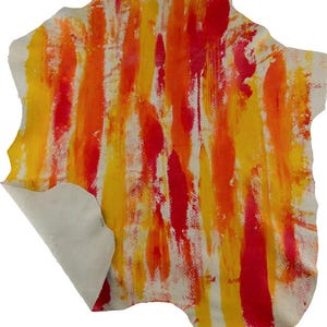Handpainted leather skin, red, yellow, orange BRUSH STROKE texture on soft reptile goatskin, unique piece for crafters B19150-DM LaGarzarara
