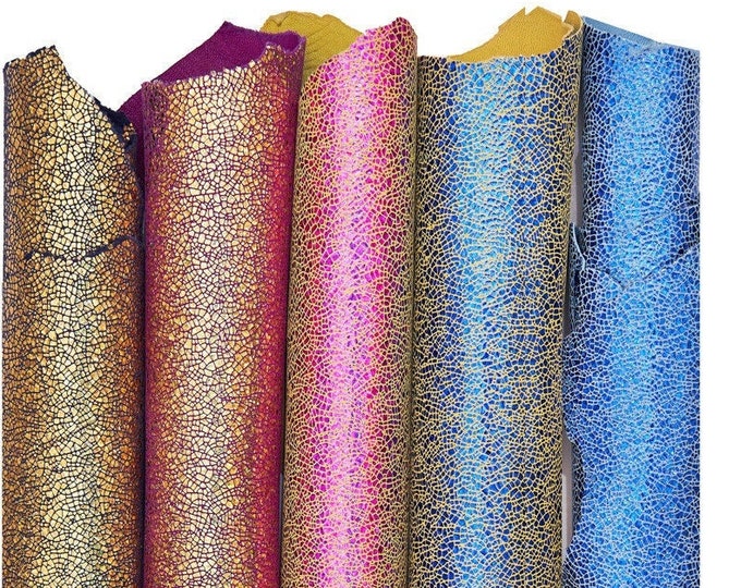 IRIDESCENT leather skin, soft shiny crackle printed metallic goatskin hide B16524-MT(ST) La Garzarara